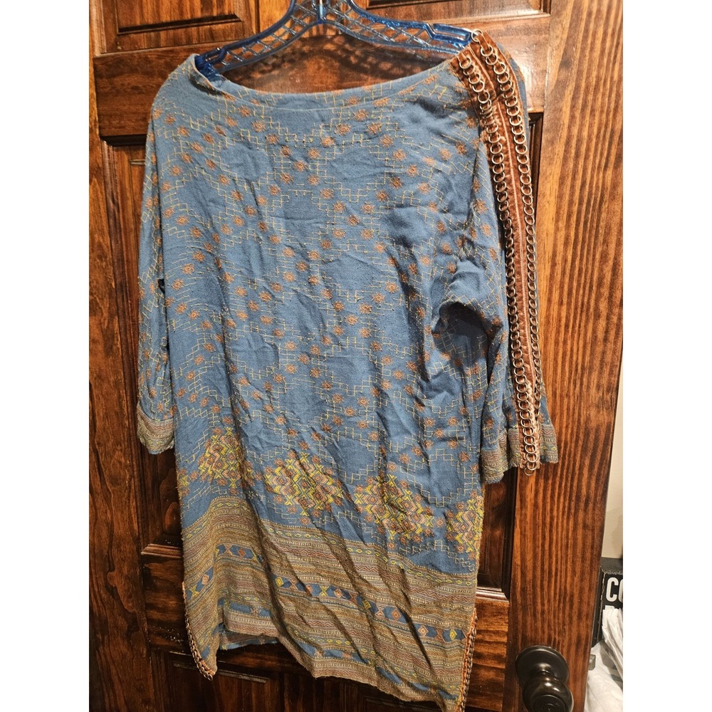 Free People New Romantics Tunic Shirt Bohemian Blue Embroidered Dress Medium
